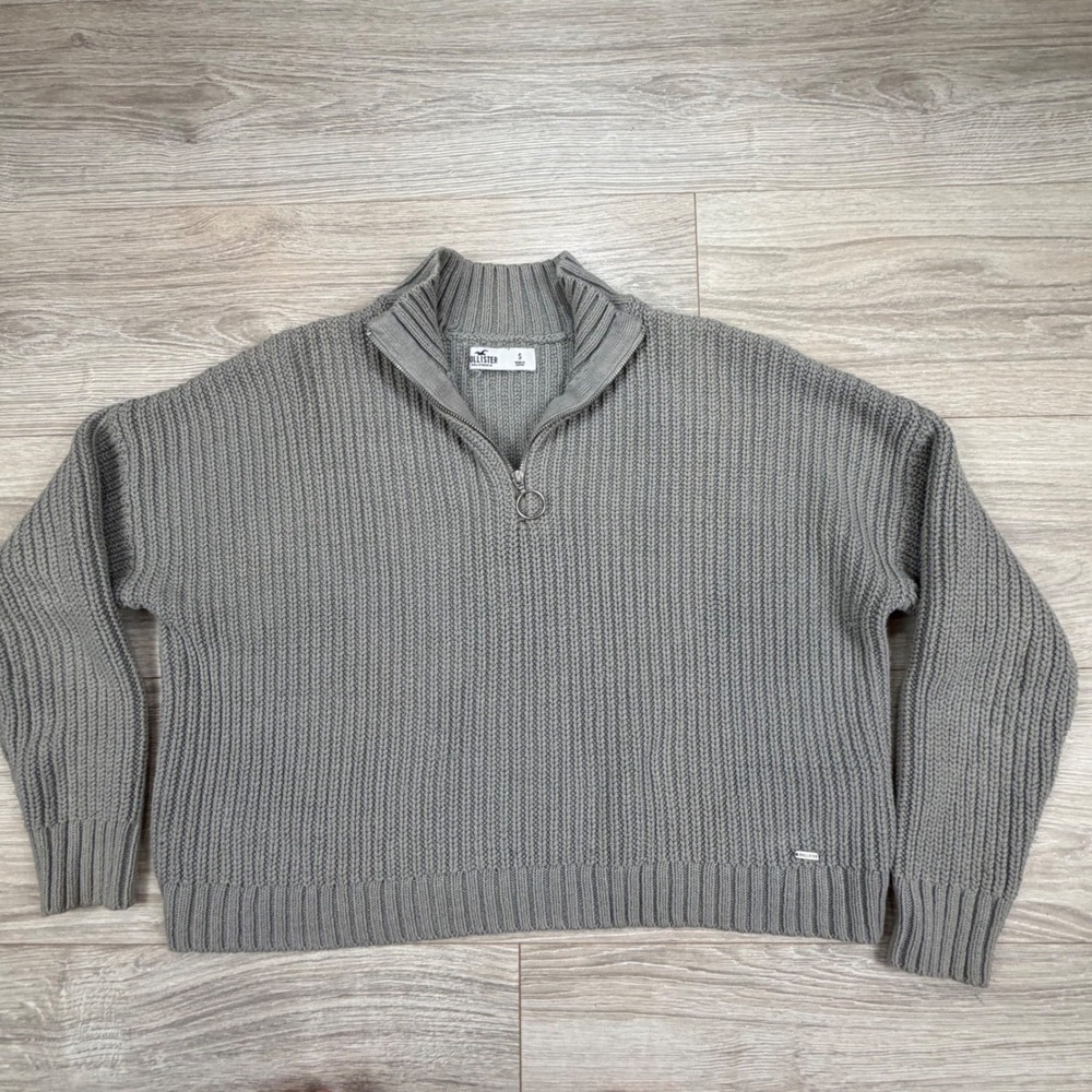 Hollister Womens Gray Ribbed Quarter Zip Pullover‎ Sweater Size S Ring Pull Knit